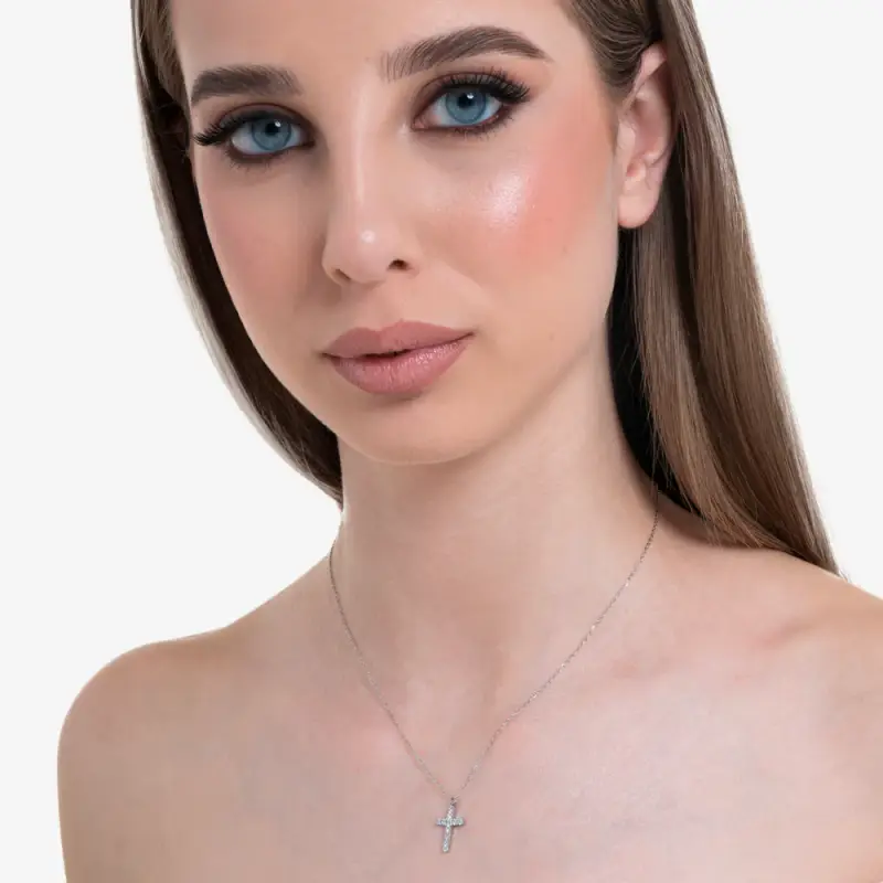 COLLANA DONNA IN ACCIAIO CON CROCE E ZIRCONI BIANCHI miniatura 3