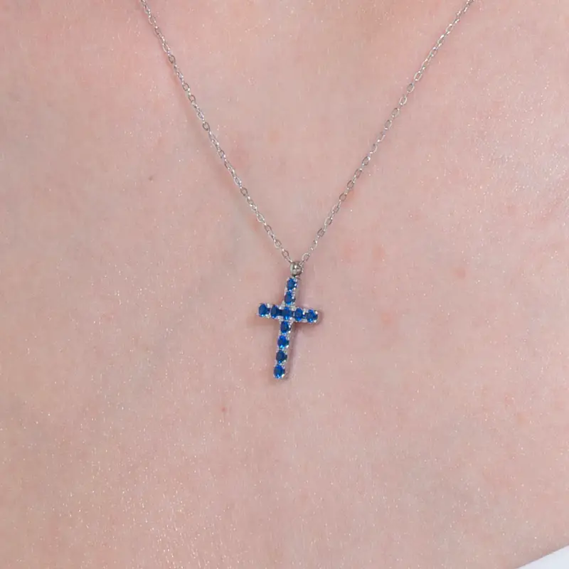 COLLANA DONNA IN ACCIAIO CON CROCE E ZIRCONI BLU miniatura 2