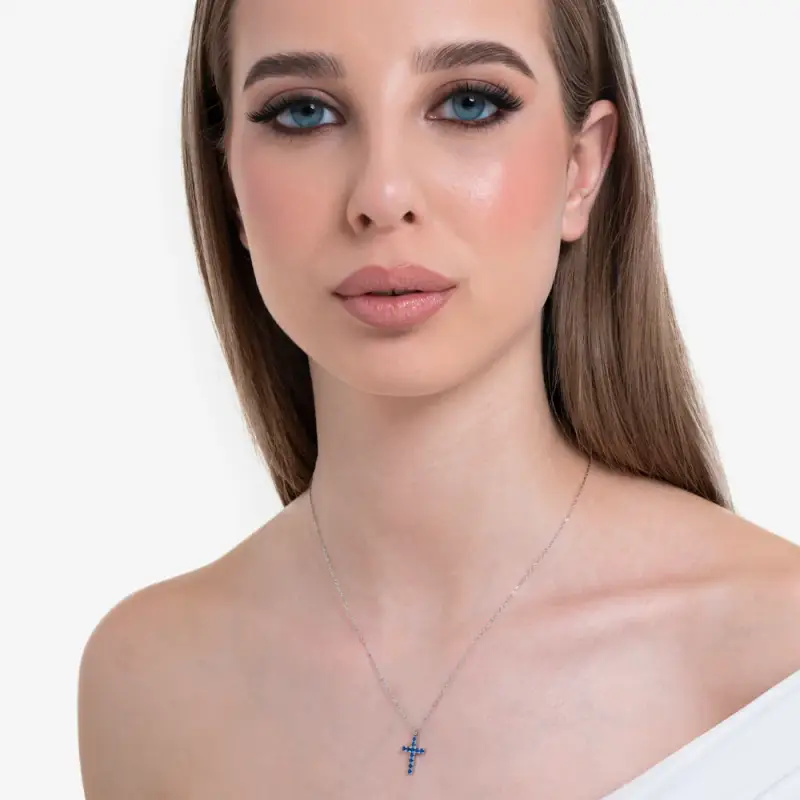 COLLANA DONNA IN ACCIAIO CON CROCE E ZIRCONI BLU miniatura 3