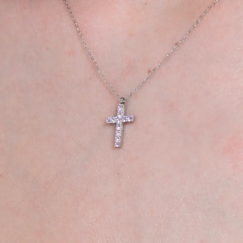 COLLANA DONNA IN ACCIAIO CON CROCE E ZIRCONI ROSA miniatura 2