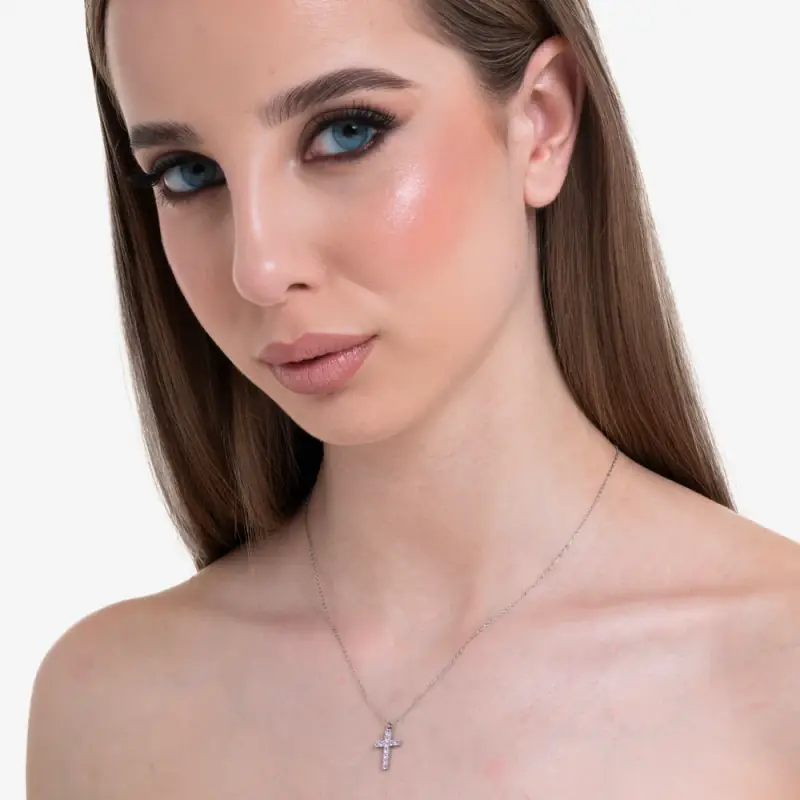 COLLANA DONNA IN ACCIAIO CON CROCE E ZIRCONI ROSA miniatura 3