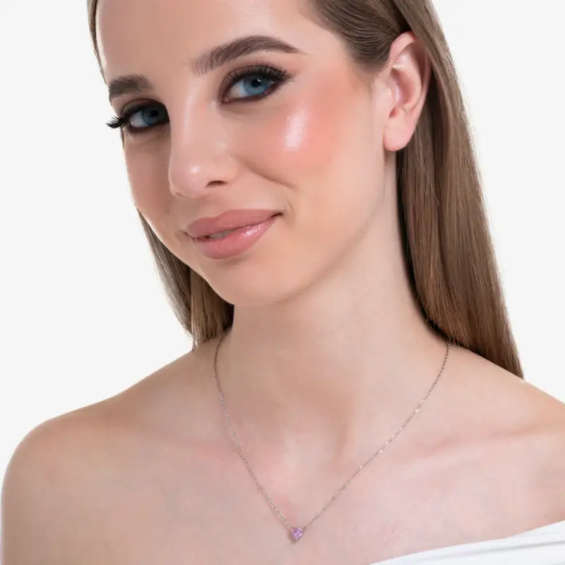 COLLANA DONNA IN ACCIAIO CON CUORE CRISTALLO ROSA miniatura 3