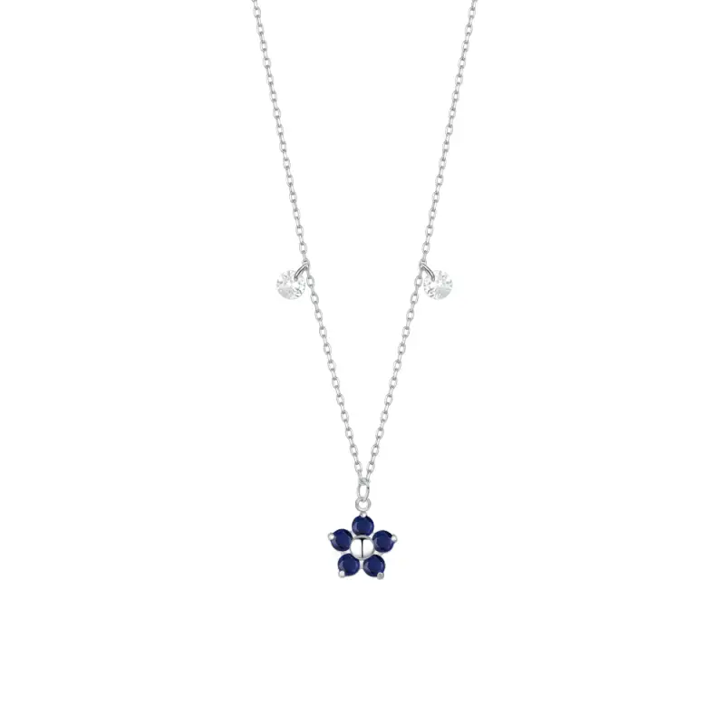 COLLANA DONNA IN ACCIAIO CON PENDENTE FIORE CON E PETALI ZIRCONE BLU