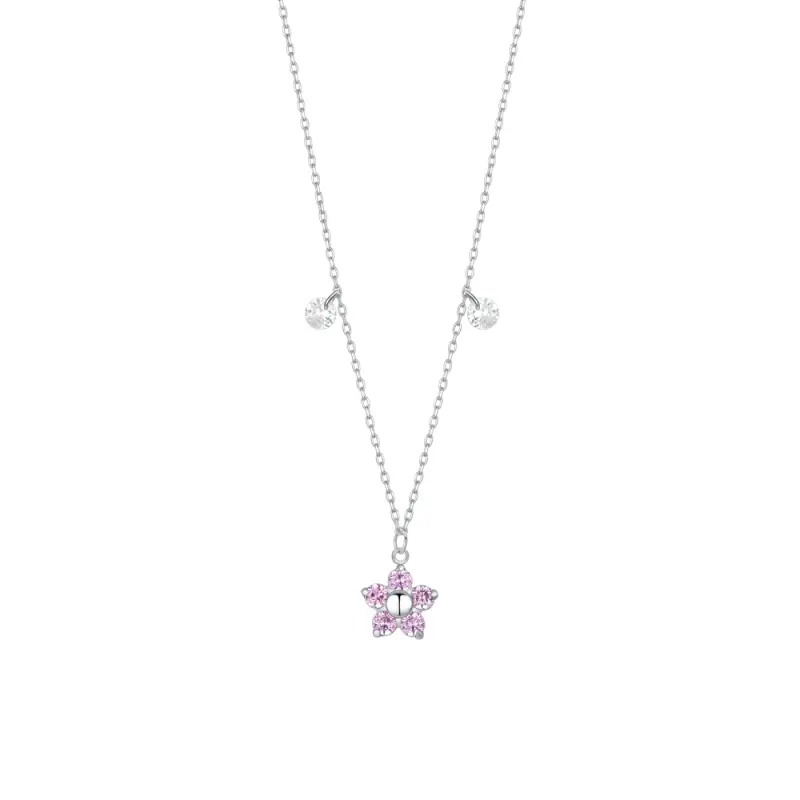 COLLANA DONNA IN ACCIAIO CON PENDENTE FIORE CON E PETALI ZIRCONE MAGENTA