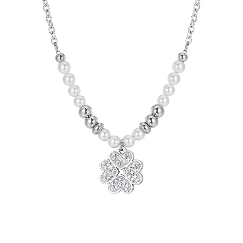 COLLANA DONNA IN ACCIAIO CON PERLE E QUADRIFOGLIO