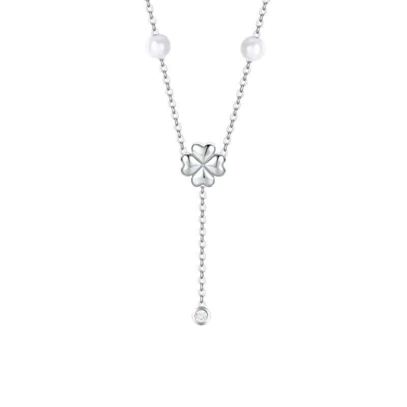 COLLANA DONNA IN ACCIAIO CON PERLE, QUADRIFOGLIO E ZIRCONE BIANCO