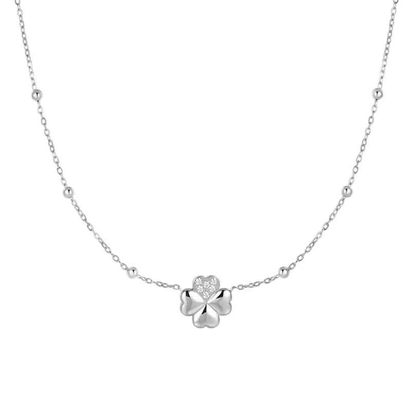 COLLANA DONNA IN ACCIAIO CON QUADRIFOGLIO E PUNTI LUCE IN ZIRCONE BIANCO