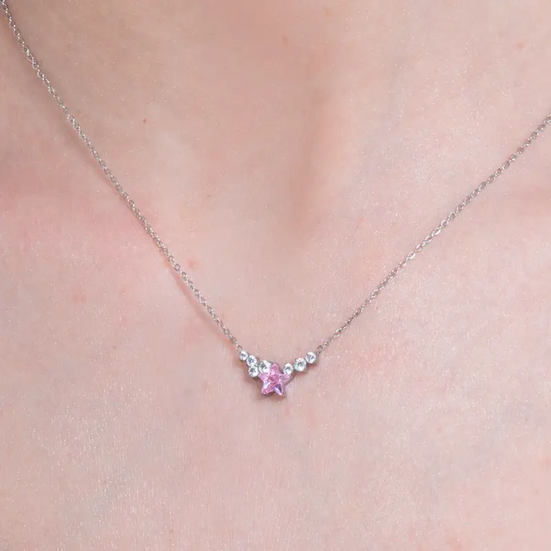 COLLANA DONNA IN ACCIAIO CON STELLA ROSA E CRISTALLI BIANCHI miniatura 2