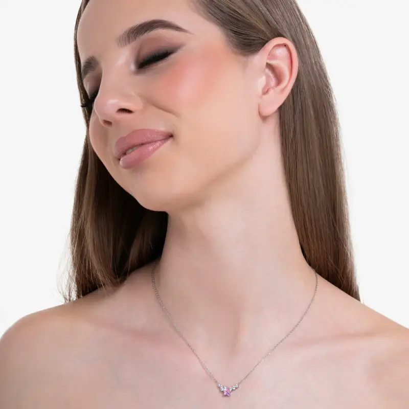 COLLANA DONNA IN ACCIAIO CON STELLA ROSA E CRISTALLI BIANCHI miniatura 3