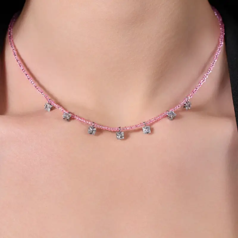 COLLANA DONNA IN ACCIAIO CRISTALLI ROSA E ZIRCONI BIANCHI miniatura 2