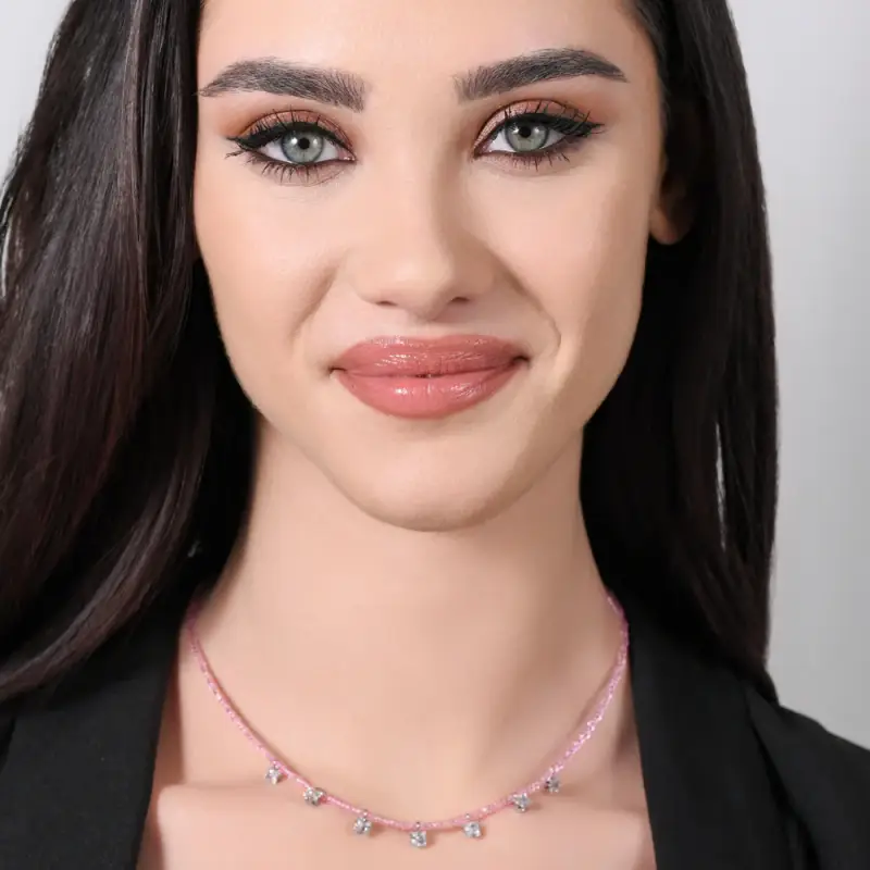 COLLANA DONNA IN ACCIAIO CRISTALLI ROSA E ZIRCONI BIANCHI miniatura 3