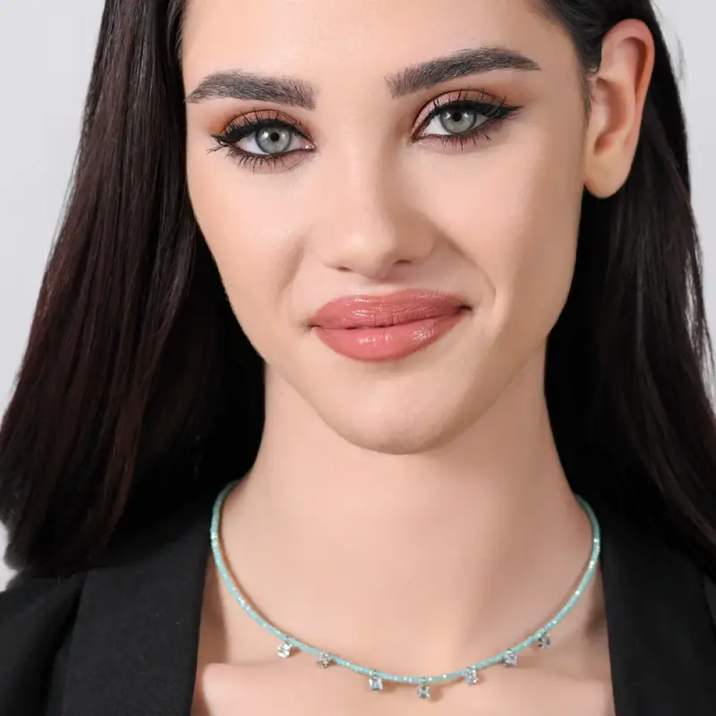 COLLANA DONNA IN ACCIAIO CRISTALLI TURCHESI E ZIRCONI BIANCHI miniatura 3