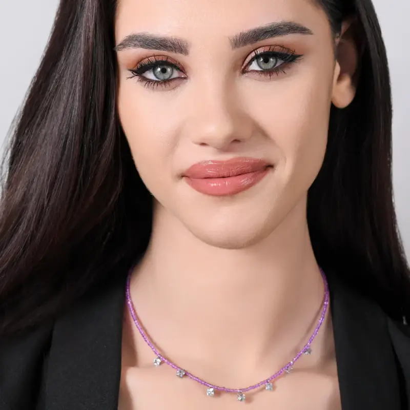 COLLANA DONNA IN ACCIAIO CRISTALLI VIOLA E ZIRCONI BIANCHI miniatura 3