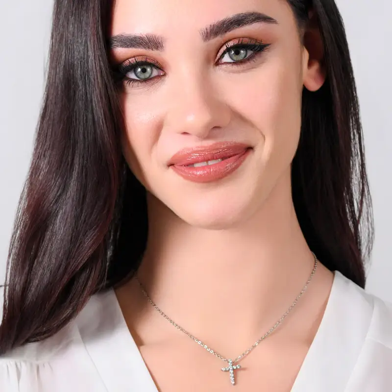 COLLANA DONNA IN ACCIAIO CROCE ZIRCONI BIANCHI miniatura 3