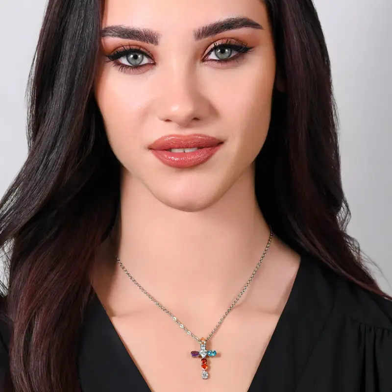 COLLANA DONNA IN ACCIAIO CROCE ZIRCONI MUTICOLOR miniatura 3