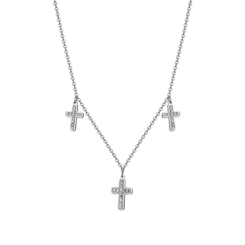 COLLANA DONNA IN ACCIAIO CROCI CON CRISTALLI BIANCHI