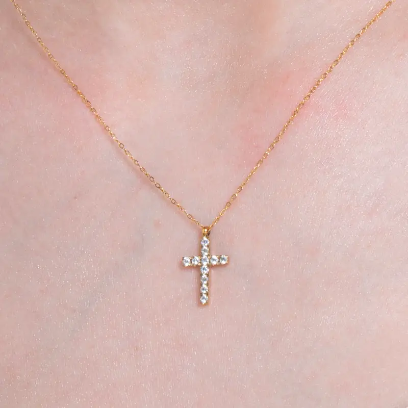 COLLANA DONNA IN ACCIAIO E IP GOLD CON CROCE E ZIRCONI BIANCHI miniatura 2