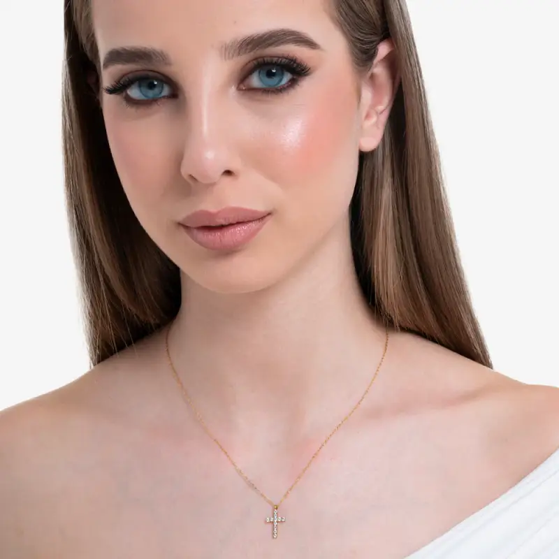 COLLANA DONNA IN ACCIAIO E IP GOLD CON CROCE E ZIRCONI BIANCHI miniatura 3