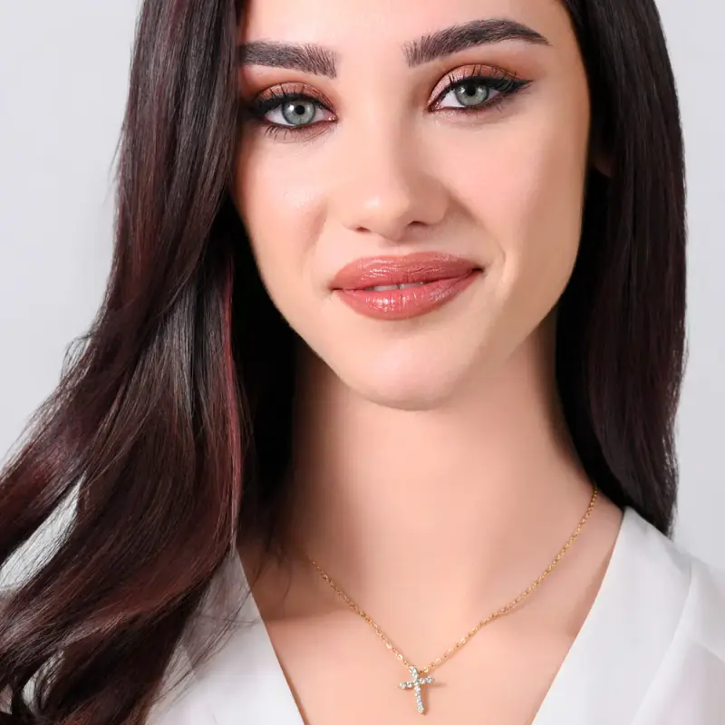 COLLANA DONNA IN ACCIAIO IP GOLD CROCE ZIRCONI BIANCHI miniatura 3