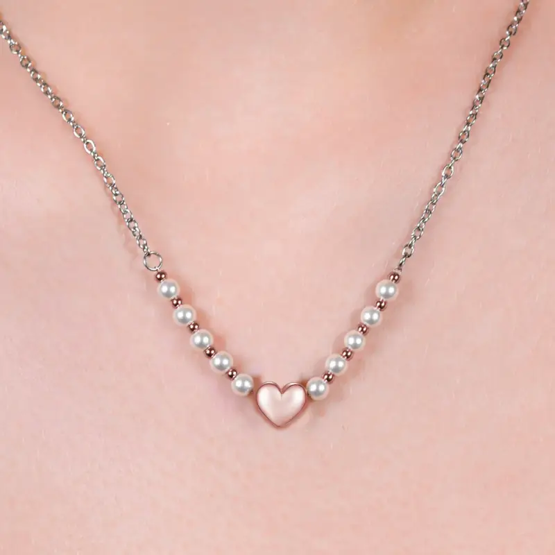 COLLANA DONNA IN ACCIAIO IP GOLD E PERLE BIANCHE CON CUORE IP ROSE miniatura 2