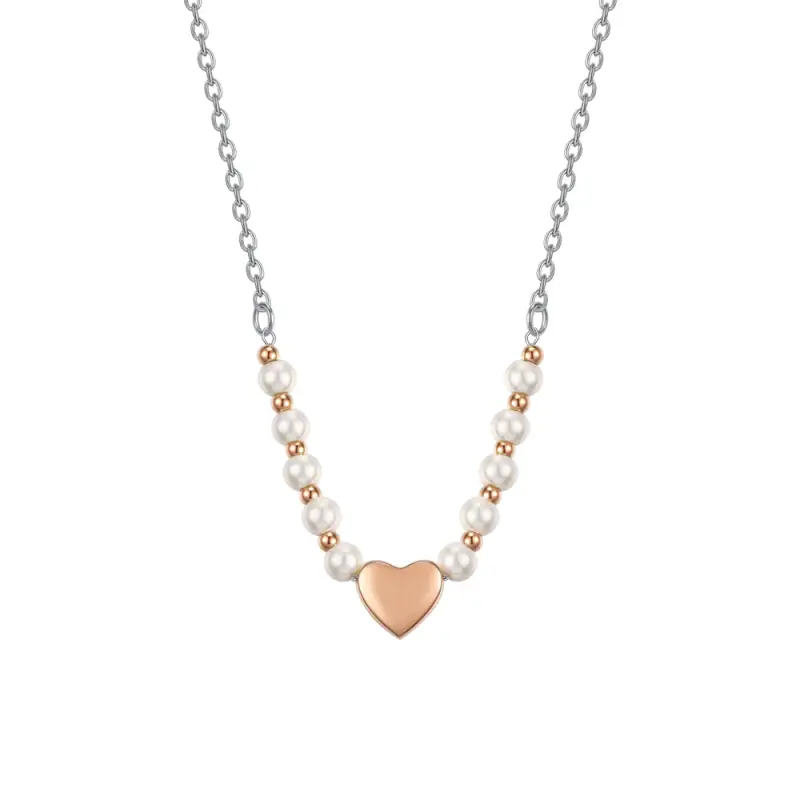 COLLANA DONNA IN ACCIAIO IP GOLD E PERLE BIANCHE CON CUORE IP ROSE