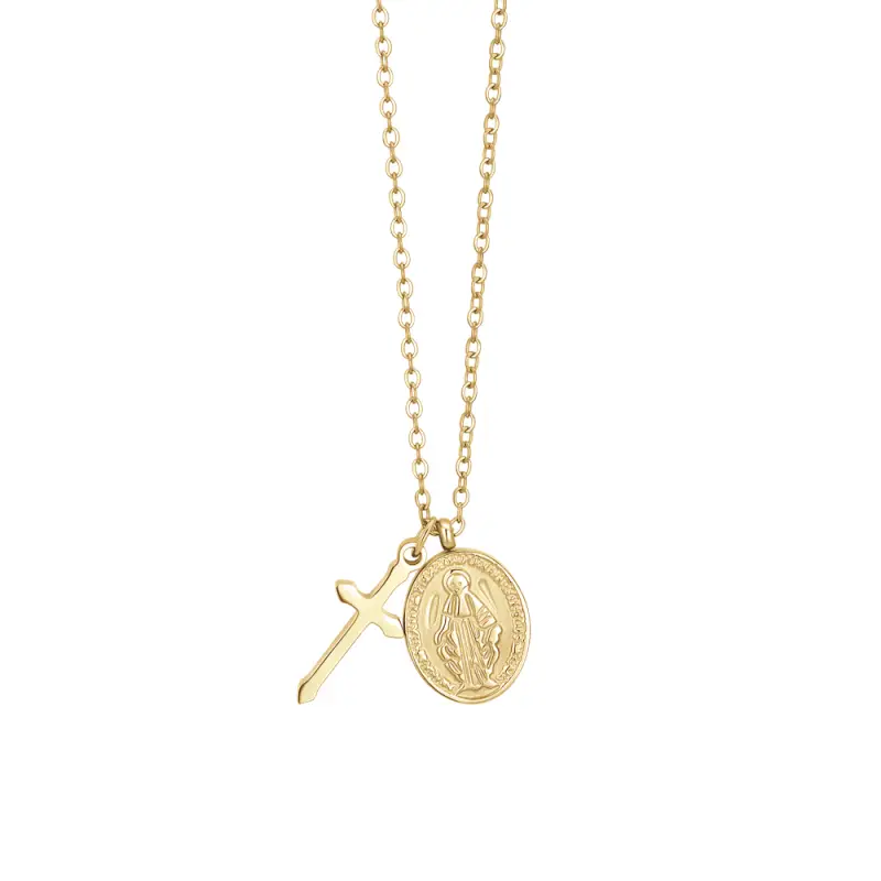 COLLANA DONNA IN ACCIAIO IP GOLD, MEDAGLIETTA CON MADONNINA MIRACOLOSA E CROCE