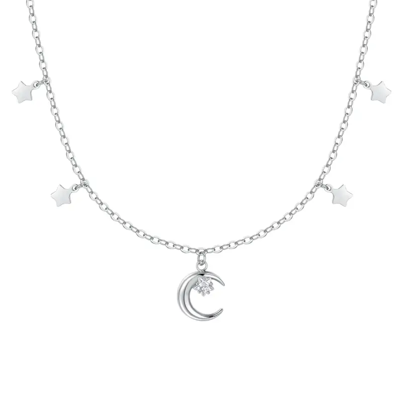 COLLANA DONNA IN ACCIAIO, LUNA CON ZIRCONE BIANCO E STELLE