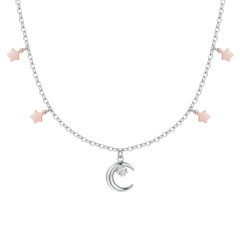 COLLANA DONNA IN ACCIAIO, LUNA CON ZIRCONE BIANCO E STELLE