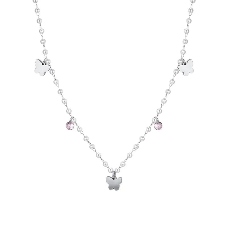 COLLANA DONNA IN ACCIAIO PERLE CON FARFALLE