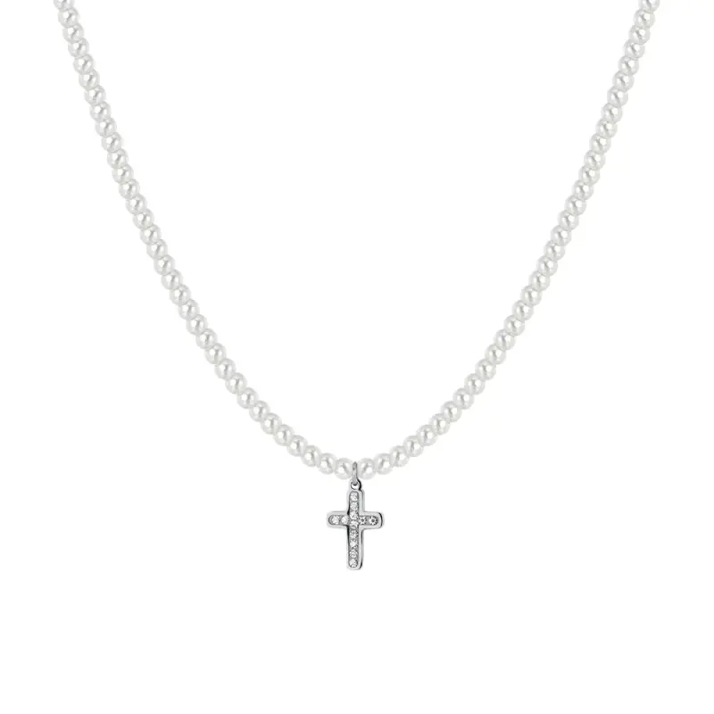 COLLANA DONNA IN ACCIAIO PERLE E CROCE