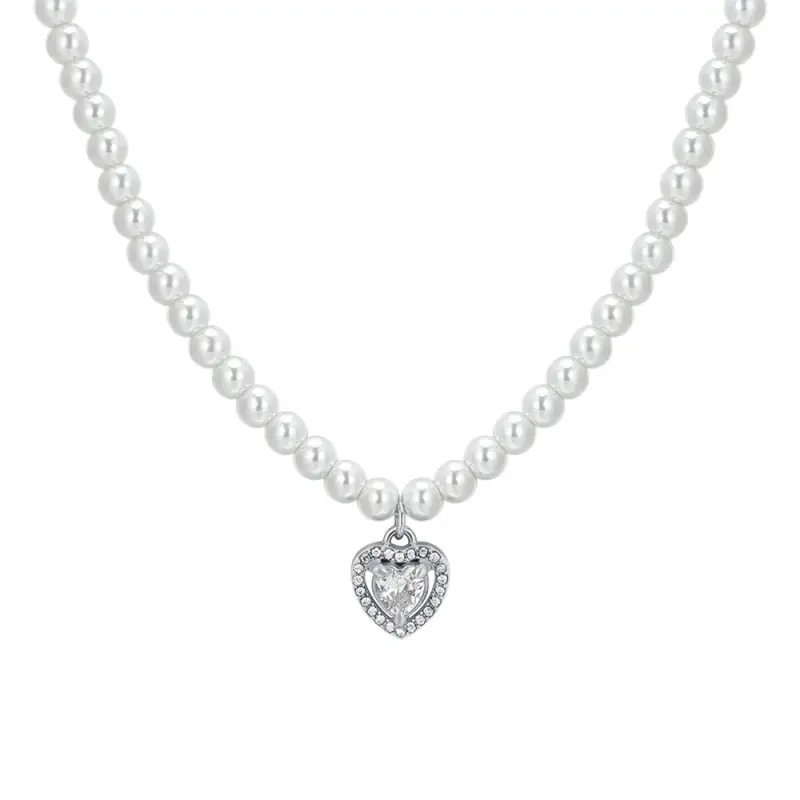 COLLANA DONNA IN ACCIAIO PERLE E CUORE ZIRCONE BIANCO