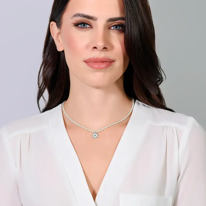 COLLANA DONNA IN ACCIAIO PERLE E QUADRIFOGLIO miniatura 3