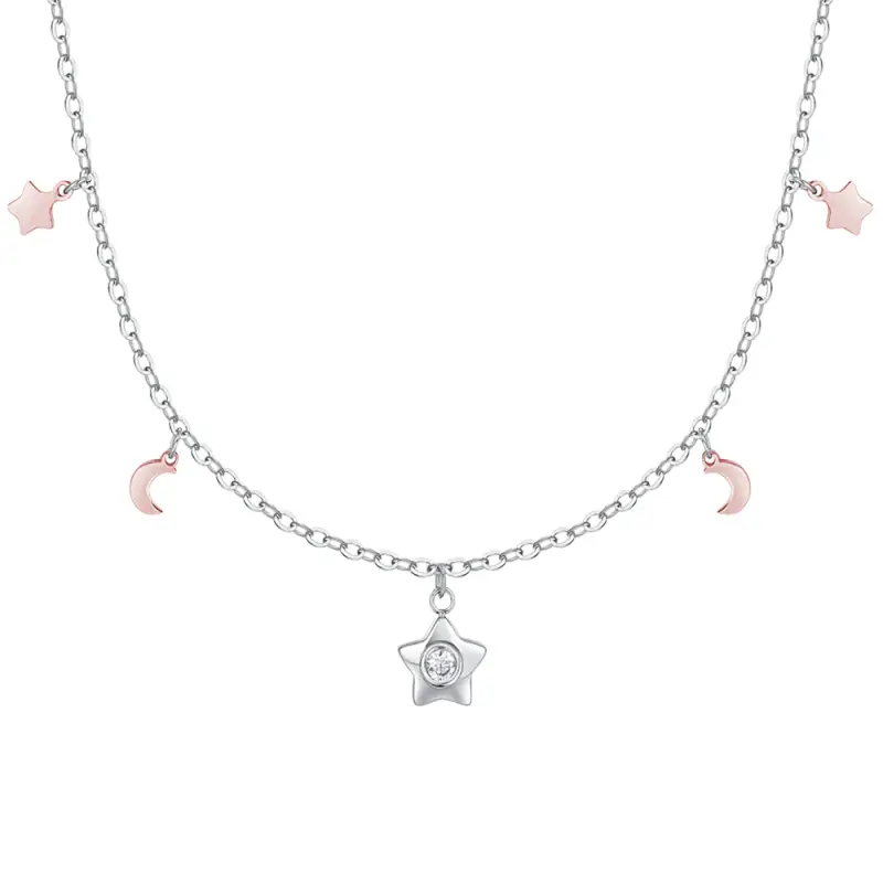 COLLANA DONNA IN ACCIAIO, STELLA CON ZIRCONE BIANCO, LUNE E STELLE IP ROSE