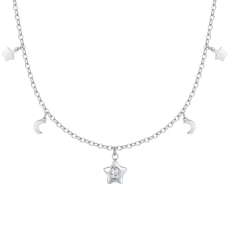 COLLANA DONNA IN ACCIAIO, STELLA CON ZIRCONE BIANCO, LUNE E STELLE