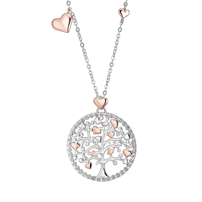 COLLANA DONNA LUNGA IN ACCIAIO ALBERO DELLA VITA CON ELEMENTI IN ROSE