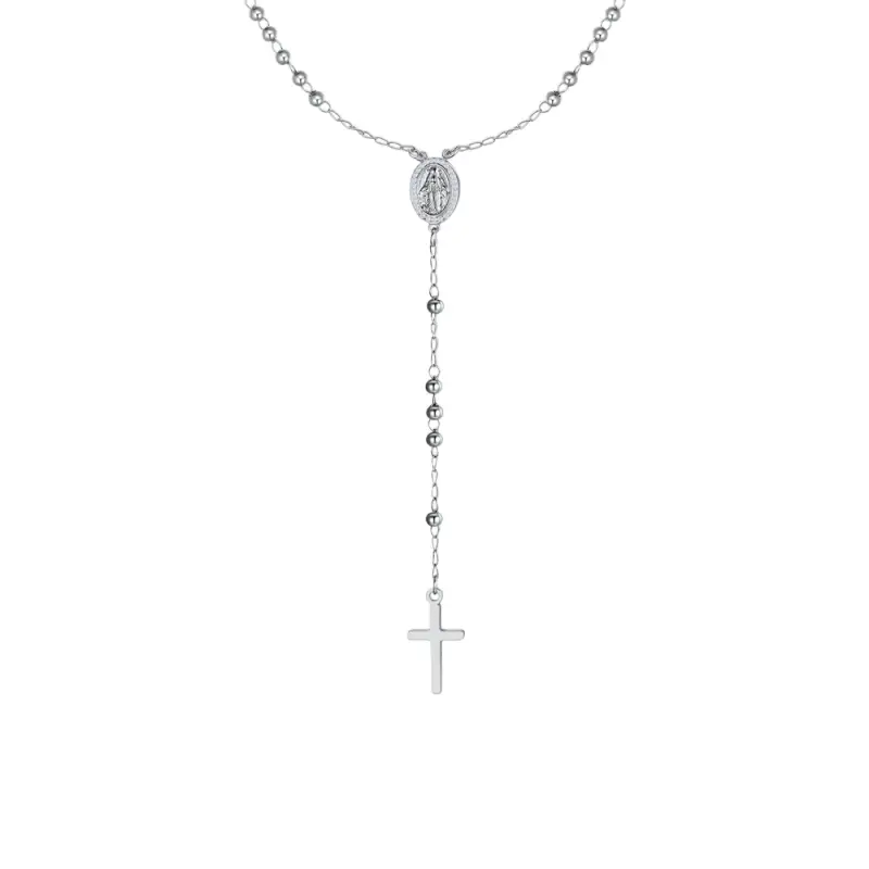 COLLANA DONNA ROSARIO IN ACCIAIO, MEDAGLIETTA CON MADONNINA MIRACOLOSA E ZIRCONI