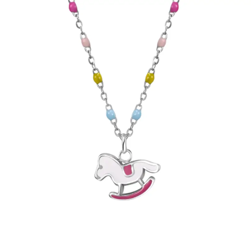 COLLANA IN ACCIAIO, CAVALLO A DONDOLO CON SMALTO ROSA E FUCSIA E PIETRE COLORATE miniatura 2