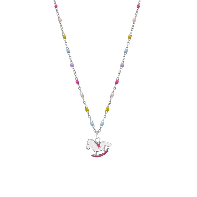 COLLANA IN ACCIAIO, CAVALLO A DONDOLO CON SMALTO ROSA E FUCSIA E PIETRE COLORATE