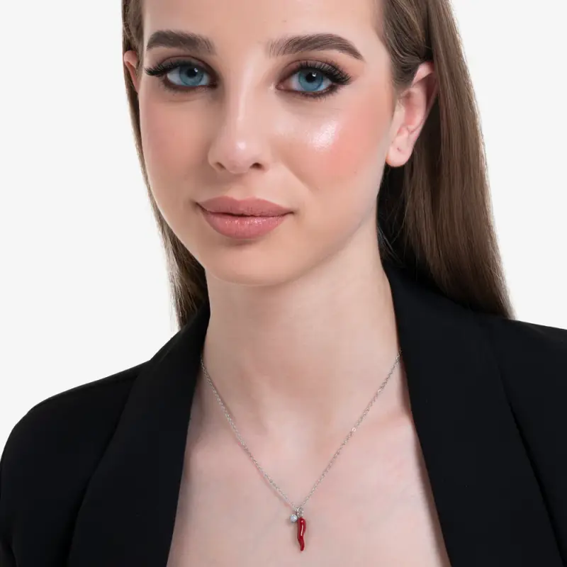 COLLANA IN ACCIAIO CON CORNO ROSSO E PUNTO LUCE miniatura 3