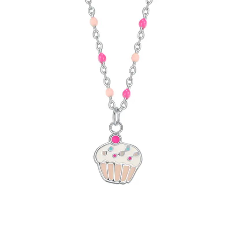 COLLANA IN ACCIAIO, CUPCAKE CON SMALTO ROSA E FUCSIA E PIETRE COLORATE miniatura 2