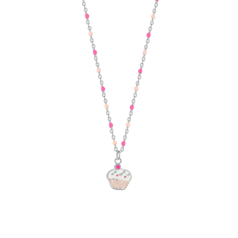 COLLANA IN ACCIAIO, CUPCAKE CON SMALTO ROSA E FUCSIA E PIETRE COLORATE