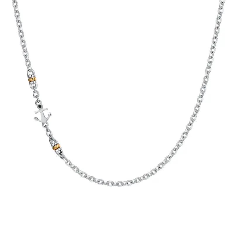 COLLANA UOMO IN ACCIAIO CON ANCORA, ZIRCONE NERO ED ELEMENTI IN IP GOLD