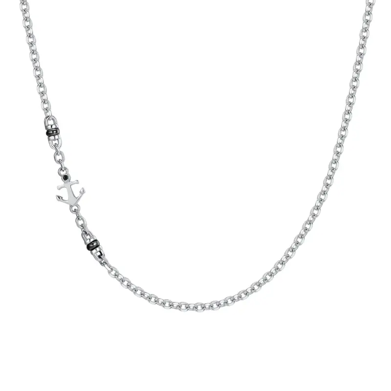 COLLANA UOMO IN ACCIAIO CON ANCORA, ZIRCONE NERO ED ELEMENTI IN IP NERO
