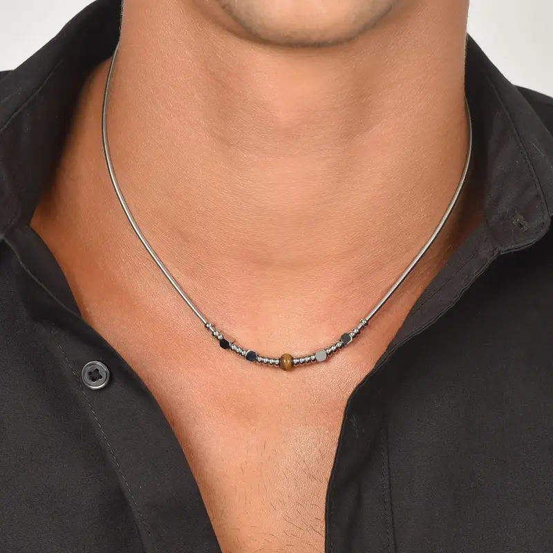 COLLANA UOMO IN ACCIAIO CON PIETRE OCCHIO DI TIGRE miniatura 2