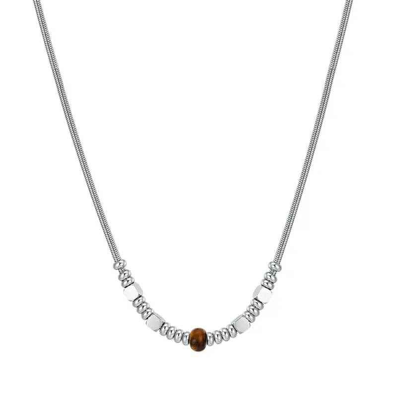 COLLANA UOMO IN ACCIAIO CON PIETRE OCCHIO DI TIGRE