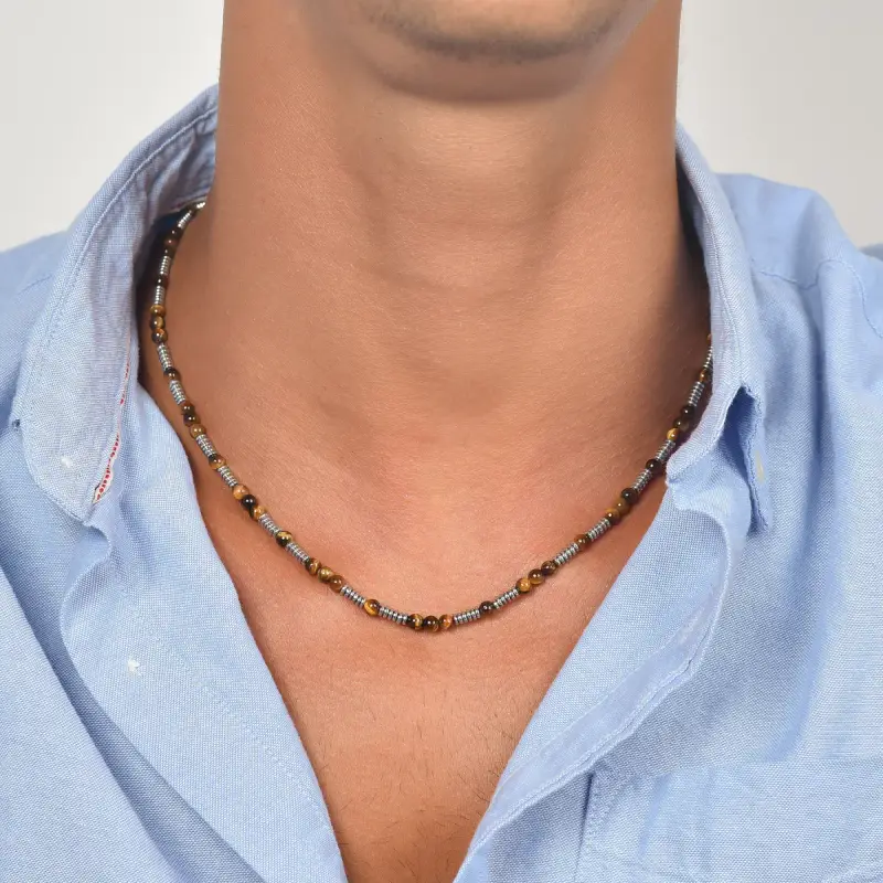 COLLANA UOMO IN ACCIAIO CON PIETRE OCCHIO DI TIGRE ED ELEMENTI IN ACCIAIO miniatura 2