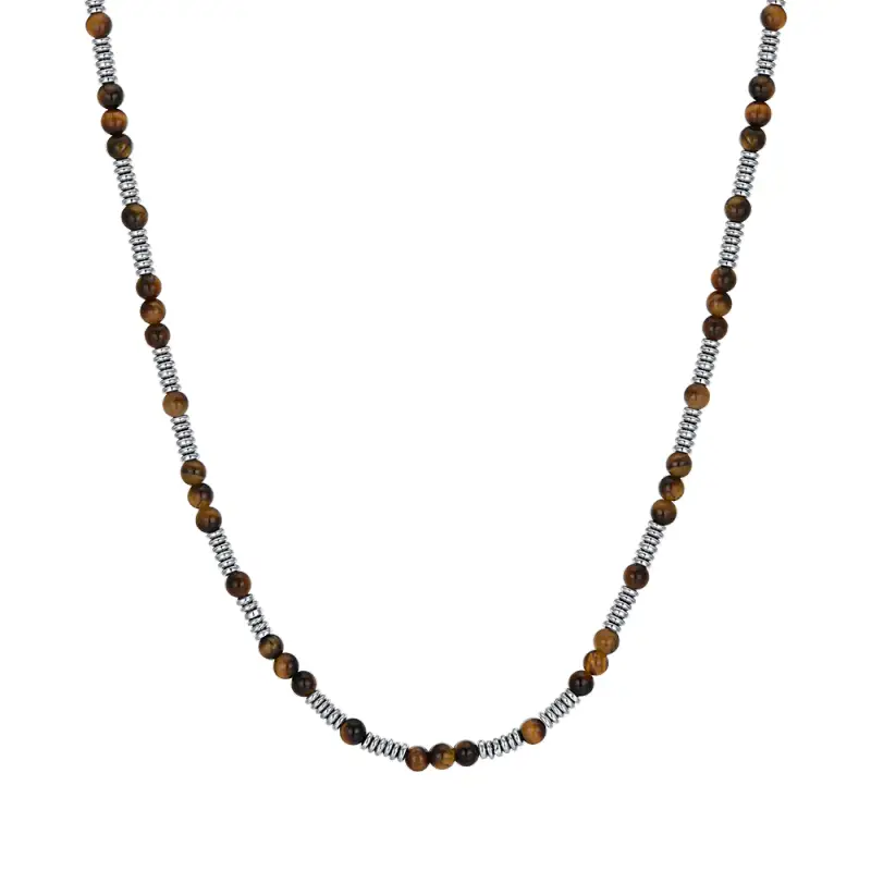 COLLANA UOMO IN ACCIAIO CON PIETRE OCCHIO DI TIGRE ED ELEMENTI IN ACCIAIO
