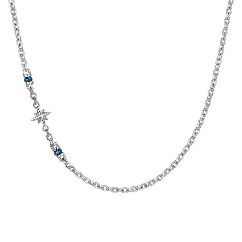 COLLANA UOMO IN ACCIAIO CON ROSA DEI VENTI ED ELEMENTI IN IP BLU