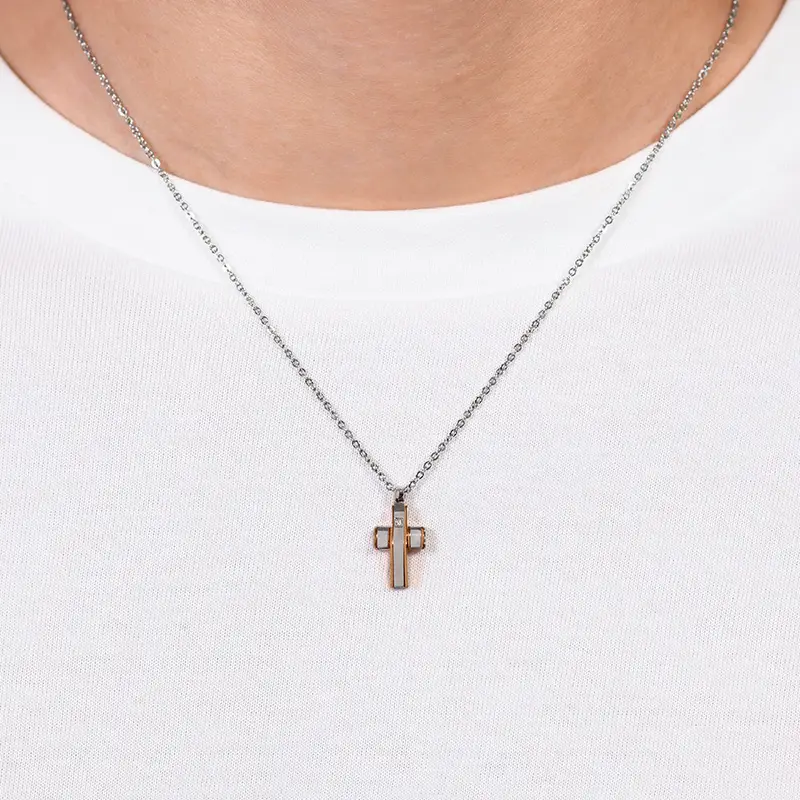 COLLANA UOMO IN ACCIAIO CROCE E ACCIAIO IP ROSE GOLD miniatura 2