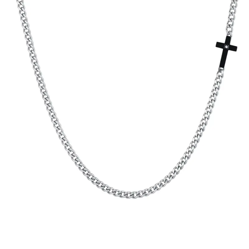 COLLANA UOMO IN ACCIAIO CROCE IP BLACK E ZIRCONE BIANCO
